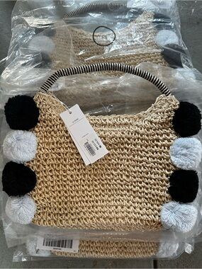 Janie and Jack Natural Straw Tote with Black and Light Gray Pom Poms